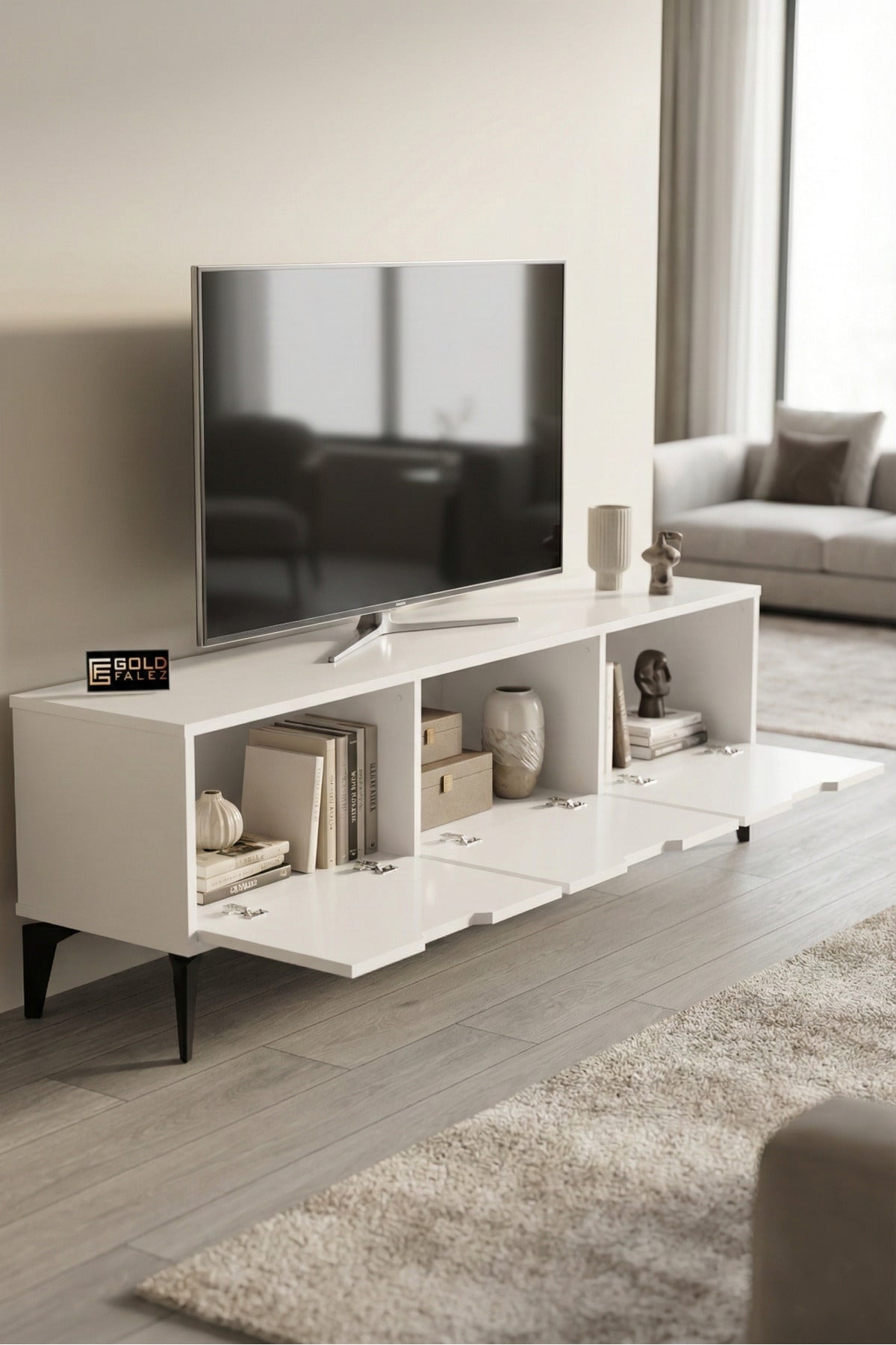 TV Sehpası 160 cm TV Ünitesi Kapaklı Modern Şık Minimal Salon Konsolu Royal