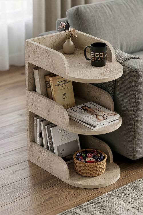 Yan Sehpa Modern 3 Katlı Kitaplıklı Çok Amaçlı Dekoratif Sehpa Minimal Tasarım