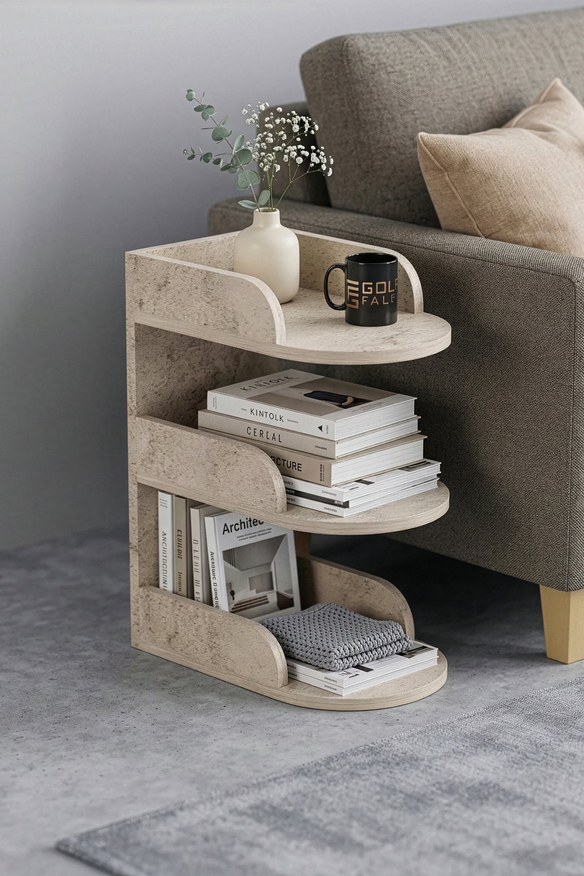 Yan Sehpa Modern 3 Katlı Kitaplıklı Çok Amaçlı Dekoratif Sehpa Minimal Tasarım