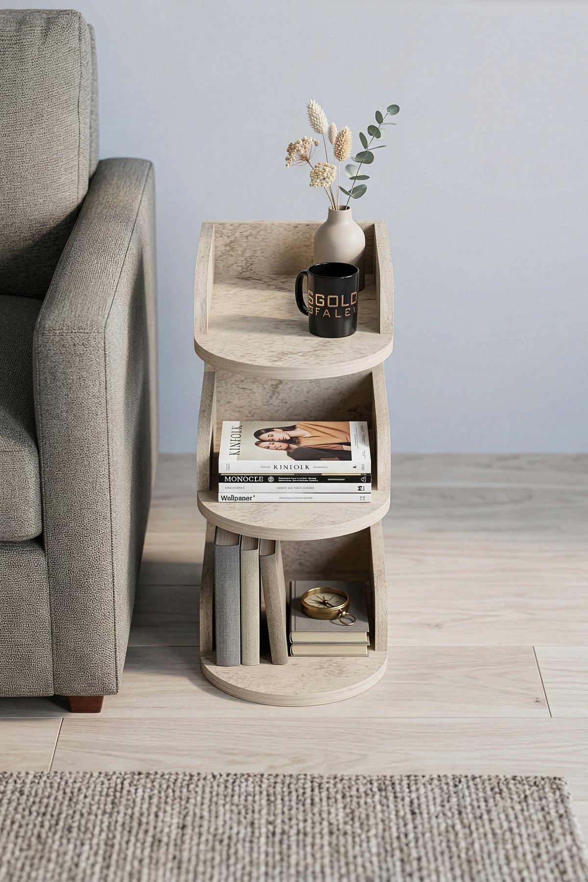 Yan Sehpa Modern 3 Katlı Kitaplıklı Çok Amaçlı Dekoratif Sehpa Minimal Tasarım
