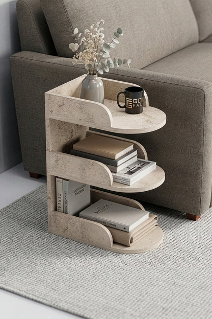 Yan Sehpa Modern 3 Katlı Kitaplıklı Çok Amaçlı Dekoratif Sehpa Minimal Tasarım
