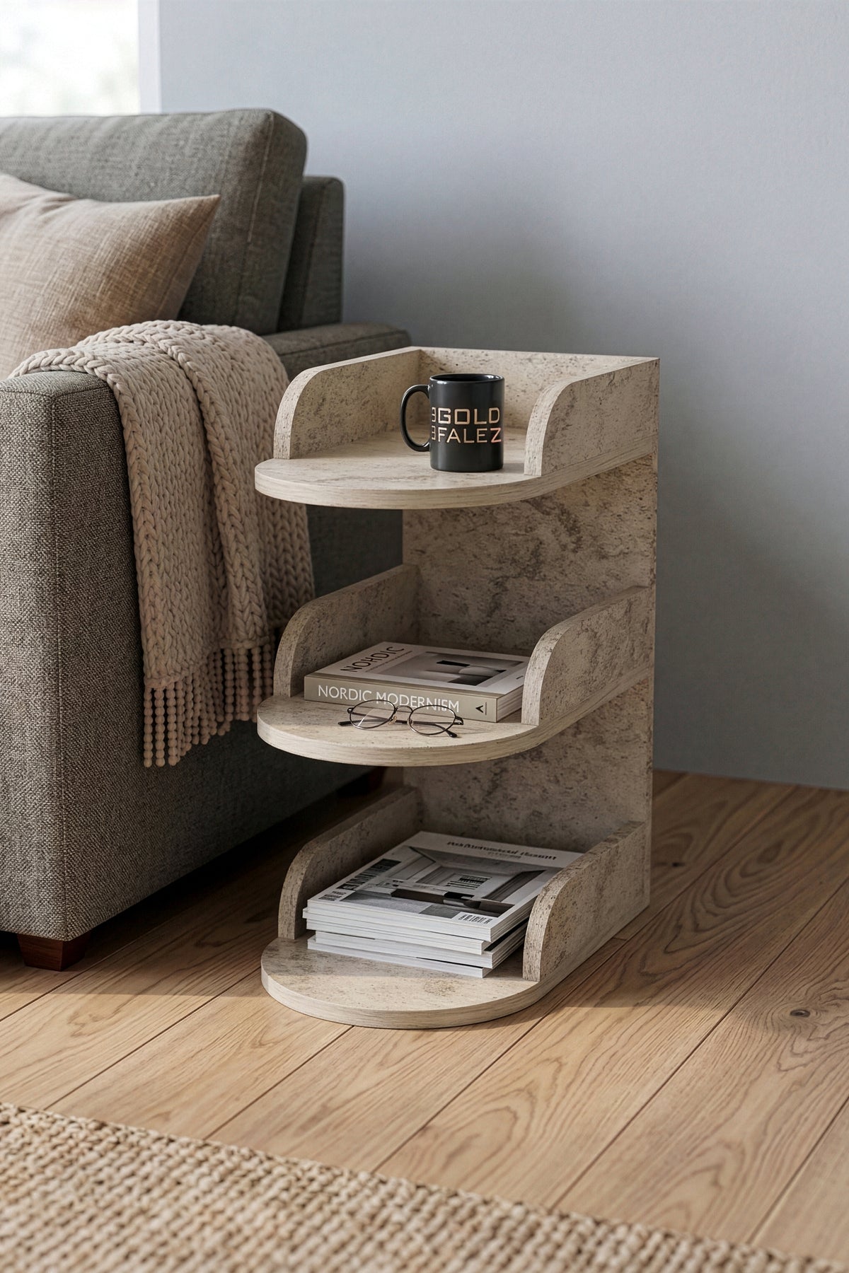 Yan Sehpa Modern 3 Katlı Kitaplıklı Çok Amaçlı Dekoratif Sehpa Minimal Tasarım