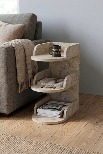 Yan Sehpa Modern 3 Katlı Kitaplıklı Çok Amaçlı Dekoratif Sehpa Minimal Tasarım