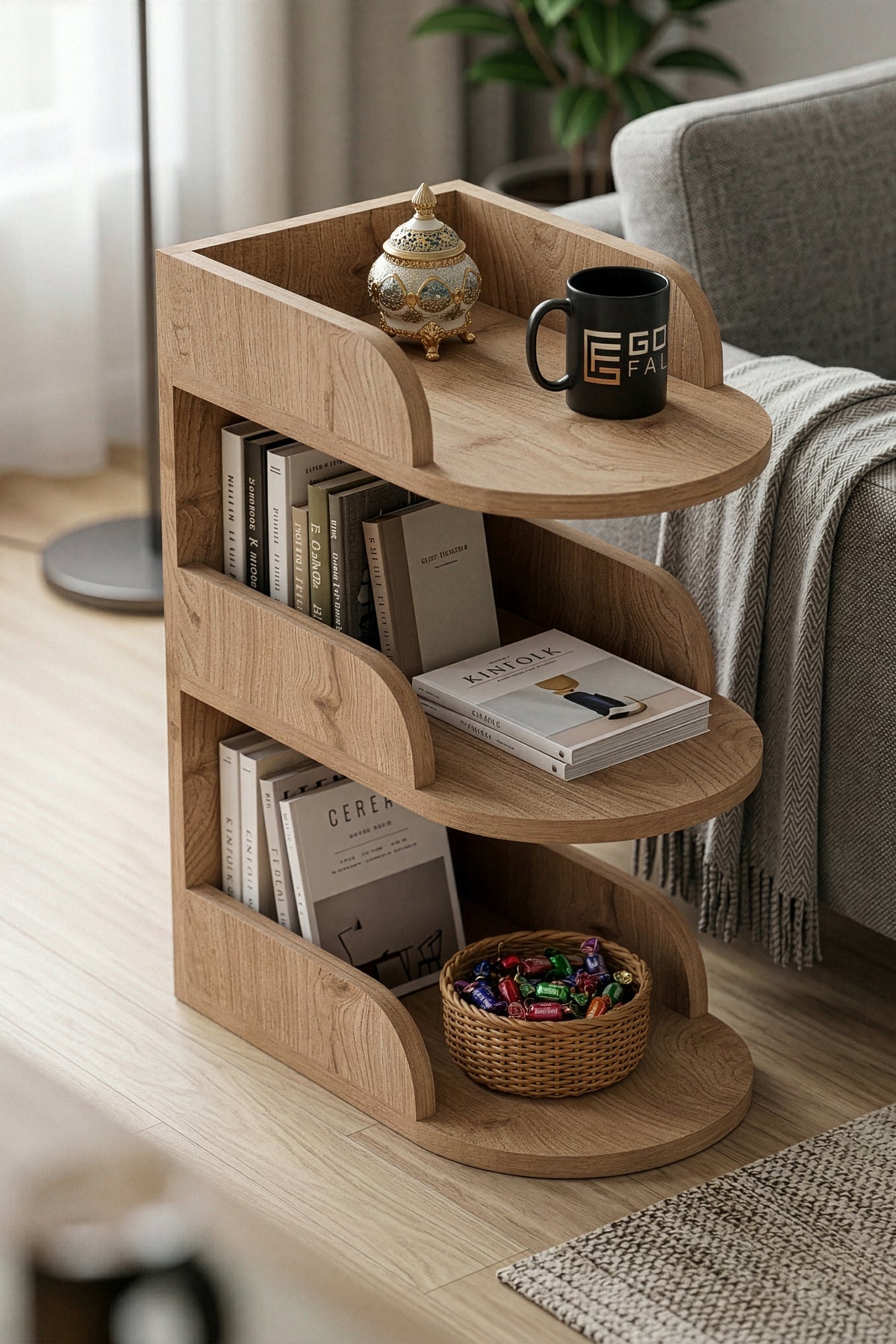 Yan Sehpa Modern 3 Katlı Kitaplıklı Çok Amaçlı Dekoratif Sehpa Minimal Tasarım