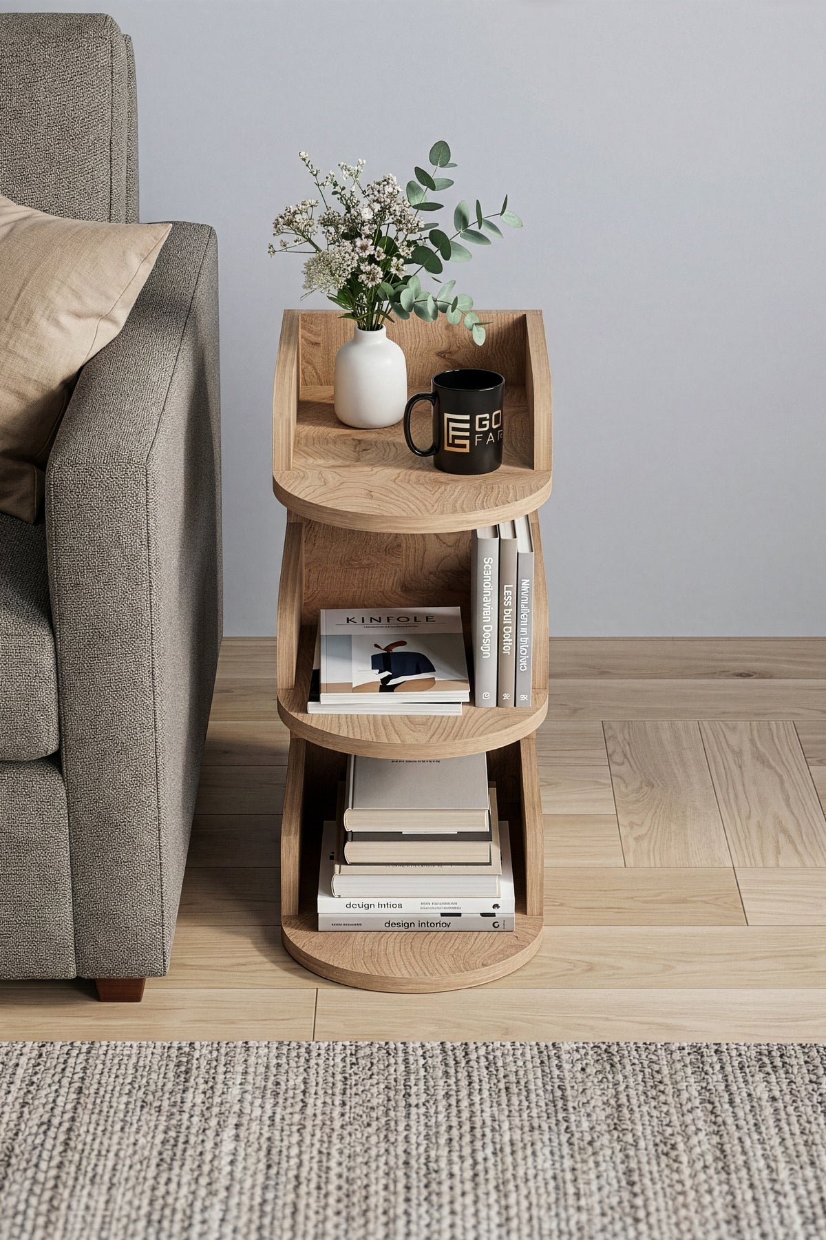 Yan Sehpa Modern 3 Katlı Kitaplıklı Çok Amaçlı Dekoratif Sehpa Minimal Tasarım
