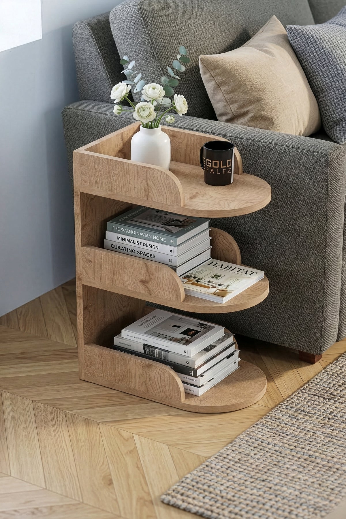 Yan Sehpa Modern 3 Katlı Kitaplıklı Çok Amaçlı Dekoratif Sehpa Minimal Tasarım