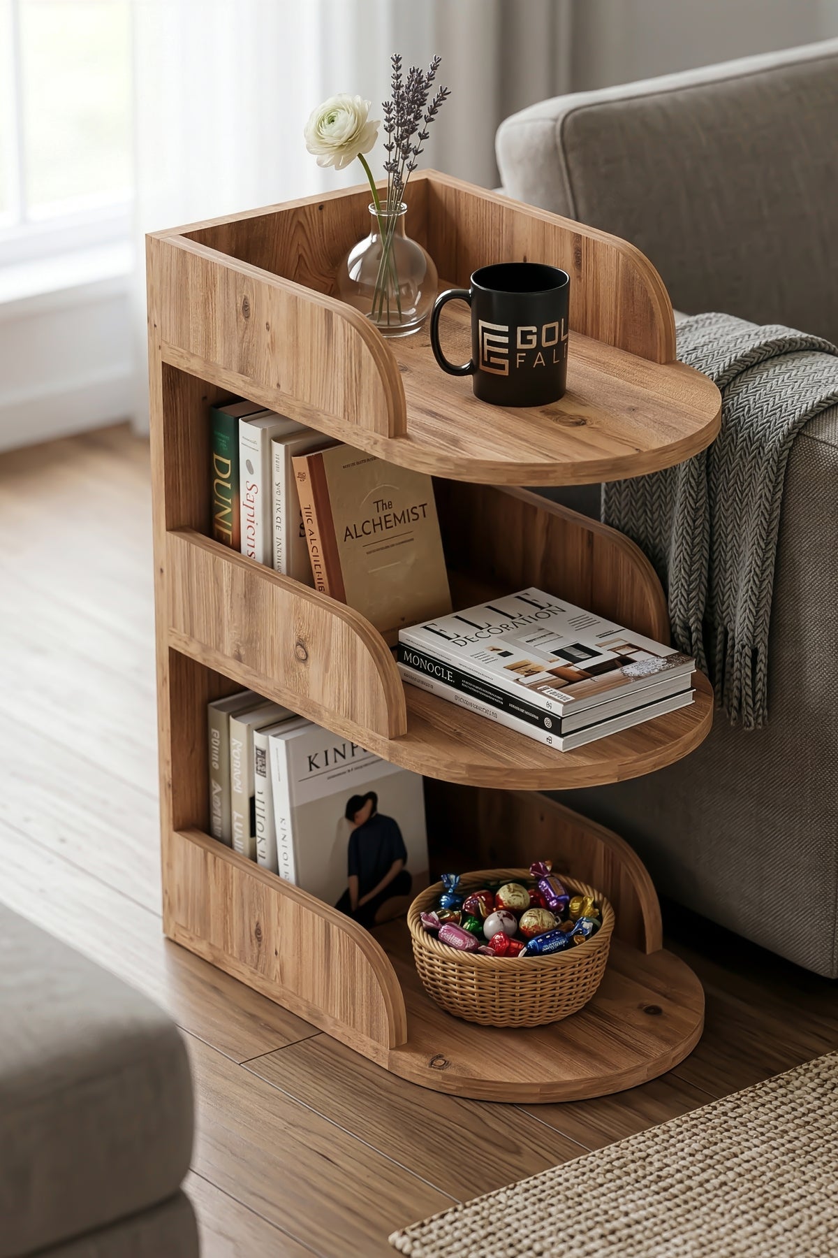 Yan Sehpa Modern 3 Katlı Kitaplıklı Çok Amaçlı Dekoratif Sehpa Minimal Tasarım