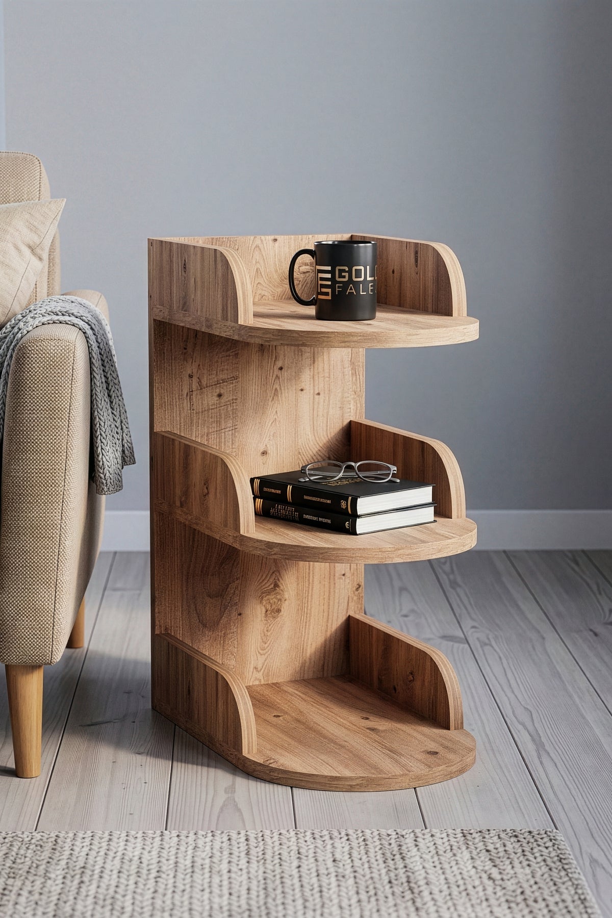 Yan Sehpa Modern 3 Katlı Kitaplıklı Çok Amaçlı Dekoratif Sehpa Minimal Tasarım