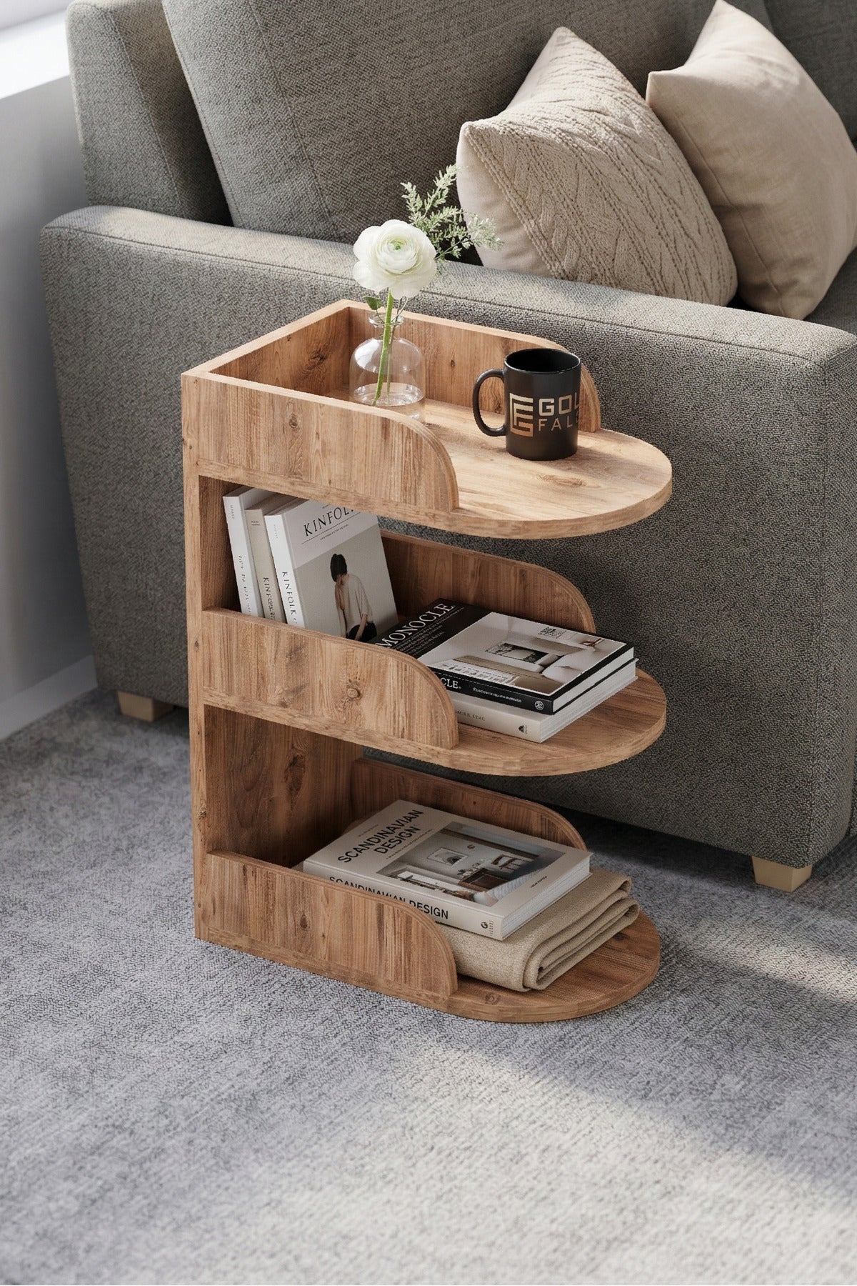 Yan Sehpa Modern 3 Katlı Kitaplıklı Çok Amaçlı Dekoratif Sehpa Minimal Tasarım