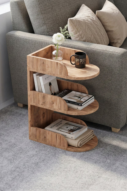 Yan Sehpa Modern 3 Katlı Kitaplıklı Çok Amaçlı Dekoratif Sehpa Minimal Tasarım