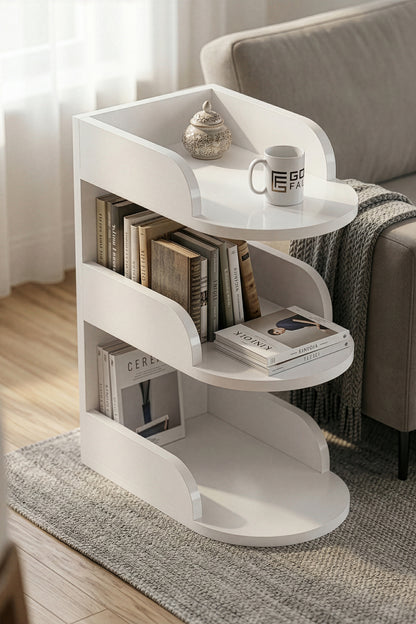 Yan Sehpa Modern 3 Katlı Kitaplıklı Çok Amaçlı Dekoratif Sehpa Minimal Tasarım