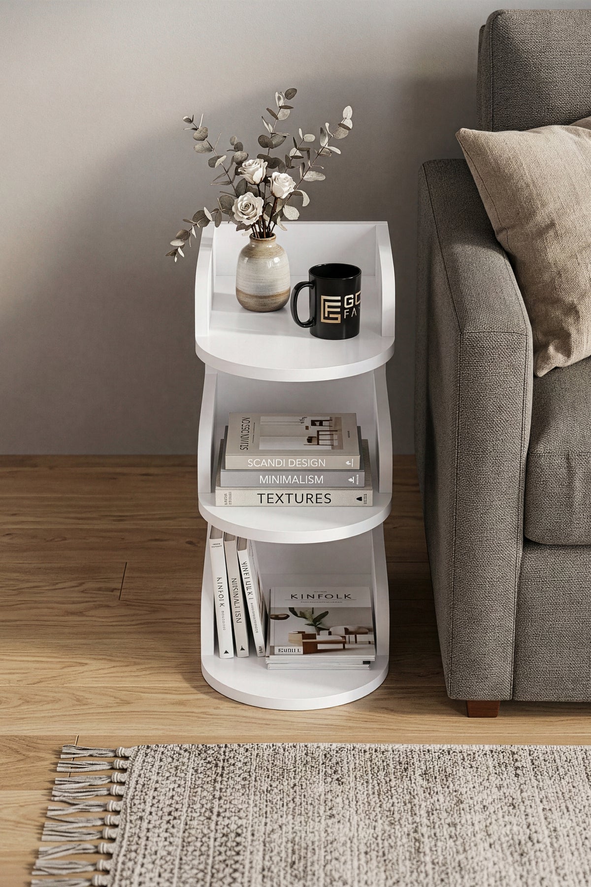 Yan Sehpa Modern 3 Katlı Kitaplıklı Çok Amaçlı Dekoratif Sehpa Minimal Tasarım