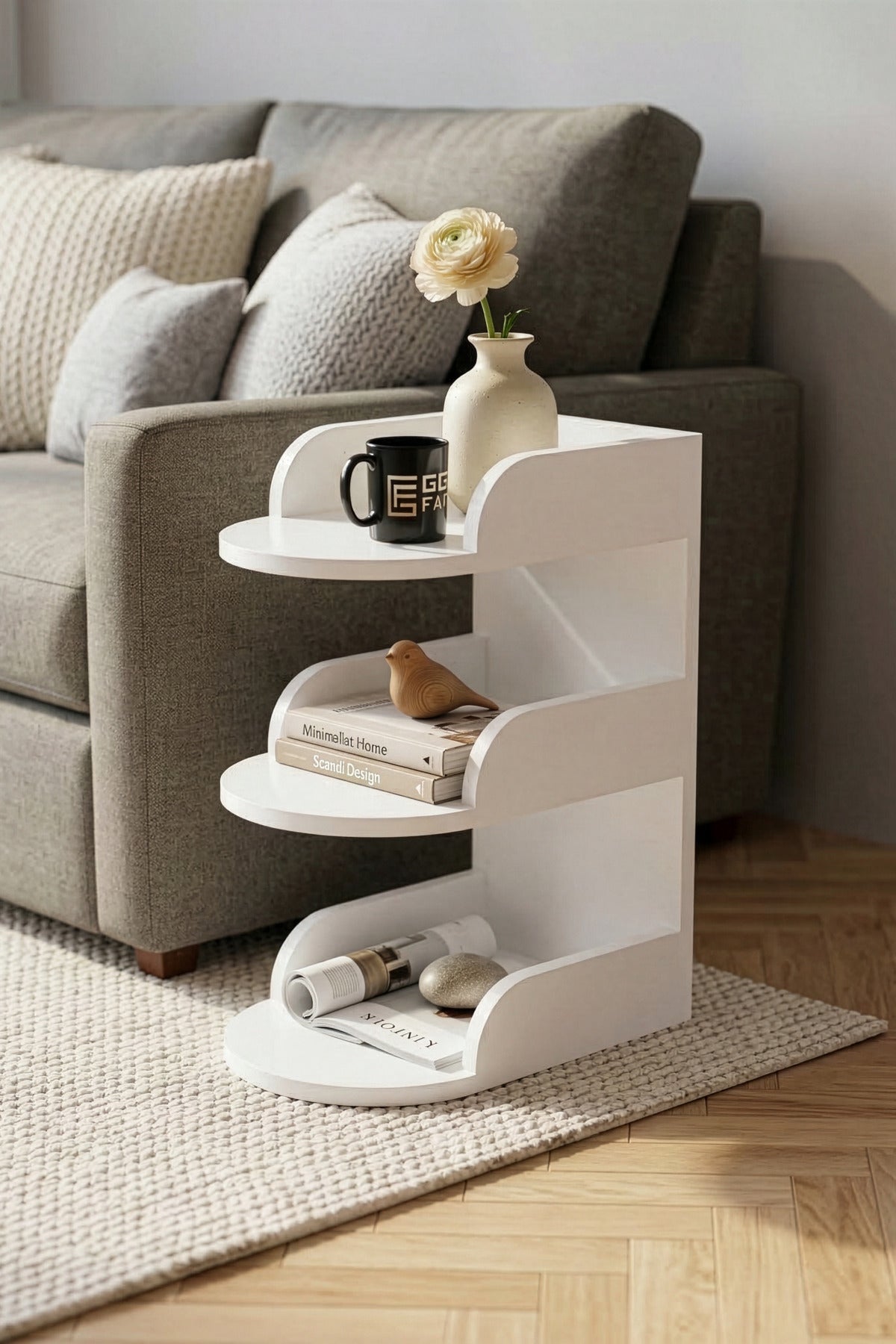 Yan Sehpa Modern 3 Katlı Kitaplıklı Çok Amaçlı Dekoratif Sehpa Minimal Tasarım