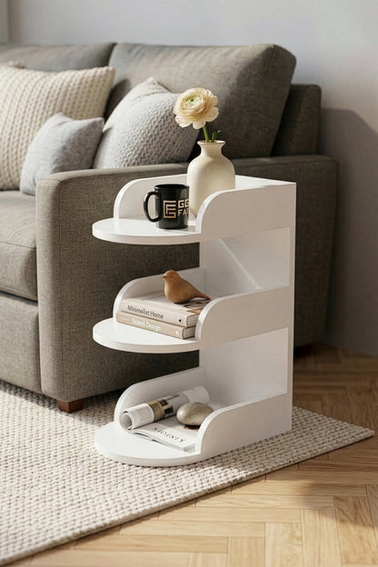 Yan Sehpa Modern 3 Katlı Kitaplıklı Çok Amaçlı Dekoratif Sehpa Minimal Tasarım