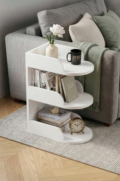 Yan Sehpa Modern 3 Katlı Kitaplıklı Çok Amaçlı Dekoratif Sehpa Minimal Tasarım