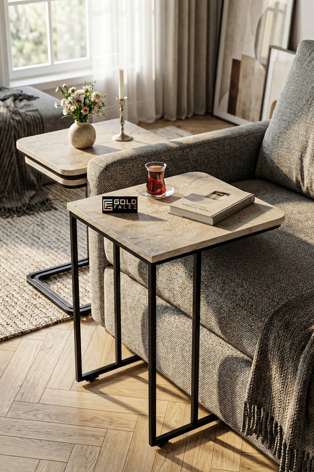 Zigon Sehpa 3'lü Tekerlekli Metal Ayaklı Yan Sehpa