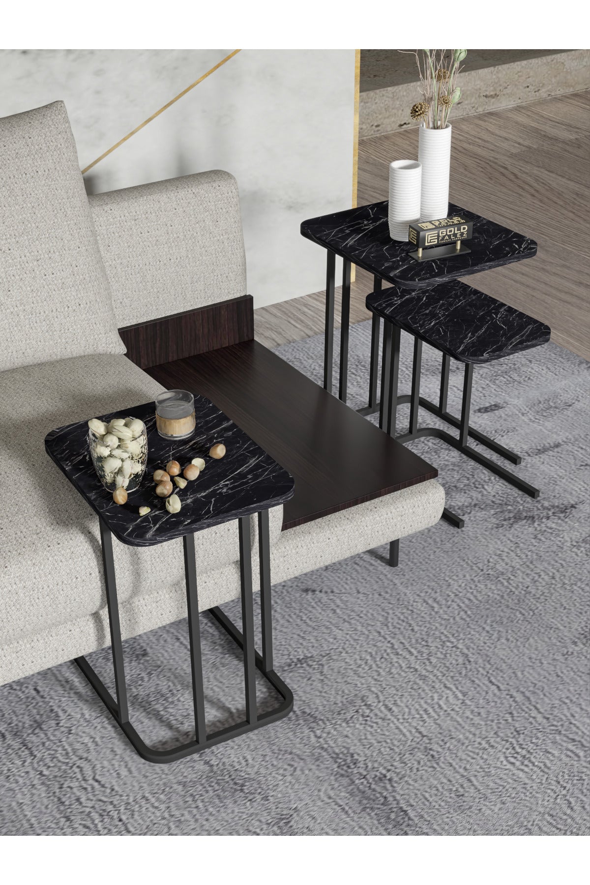Zigon Sehpa Metal Ayak 3'Lü Koltuk Yan Sehpa Zino Traverten