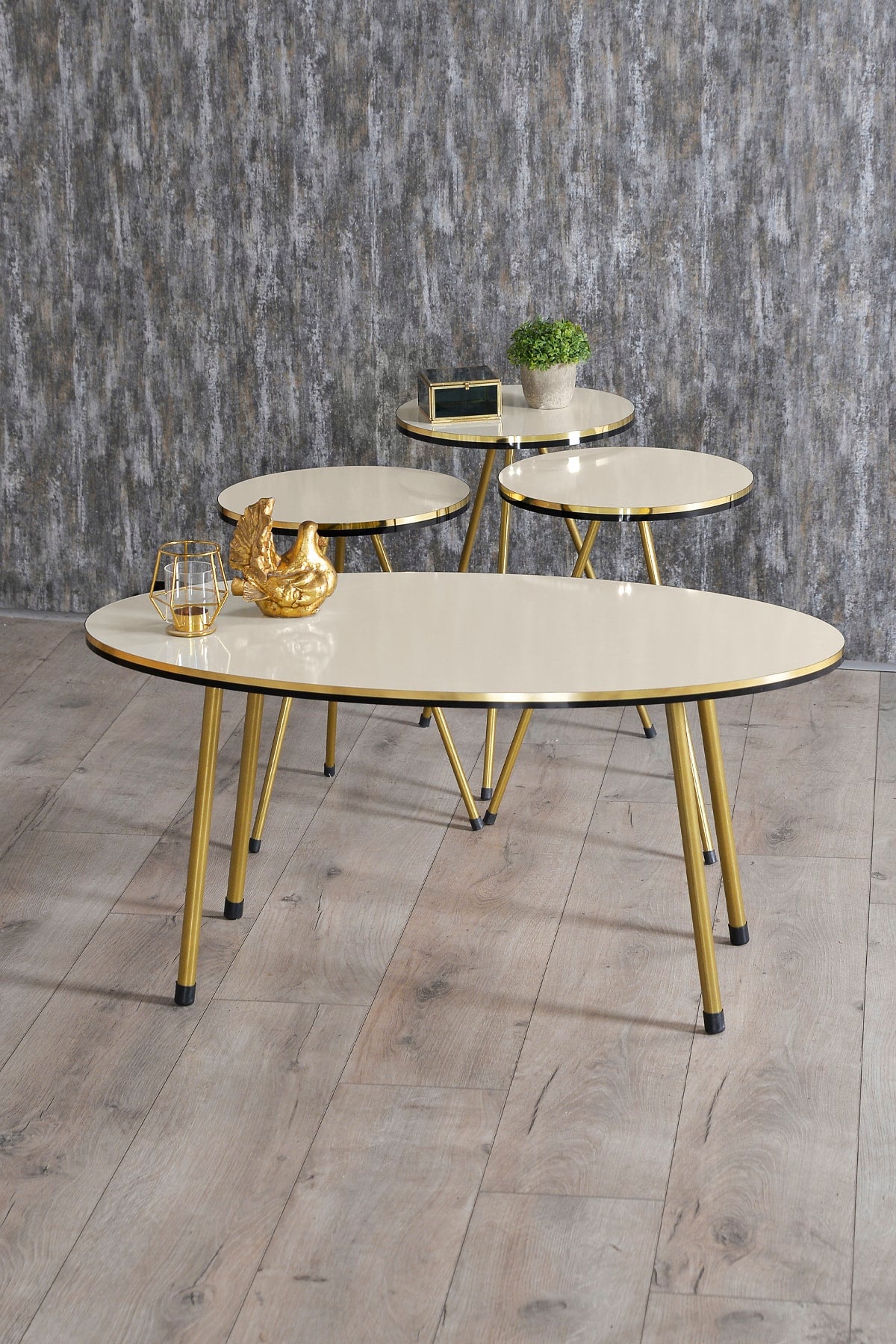Zigon Sehpa Ve Orta Sehpa Elips Set Çift Gold  Metal
