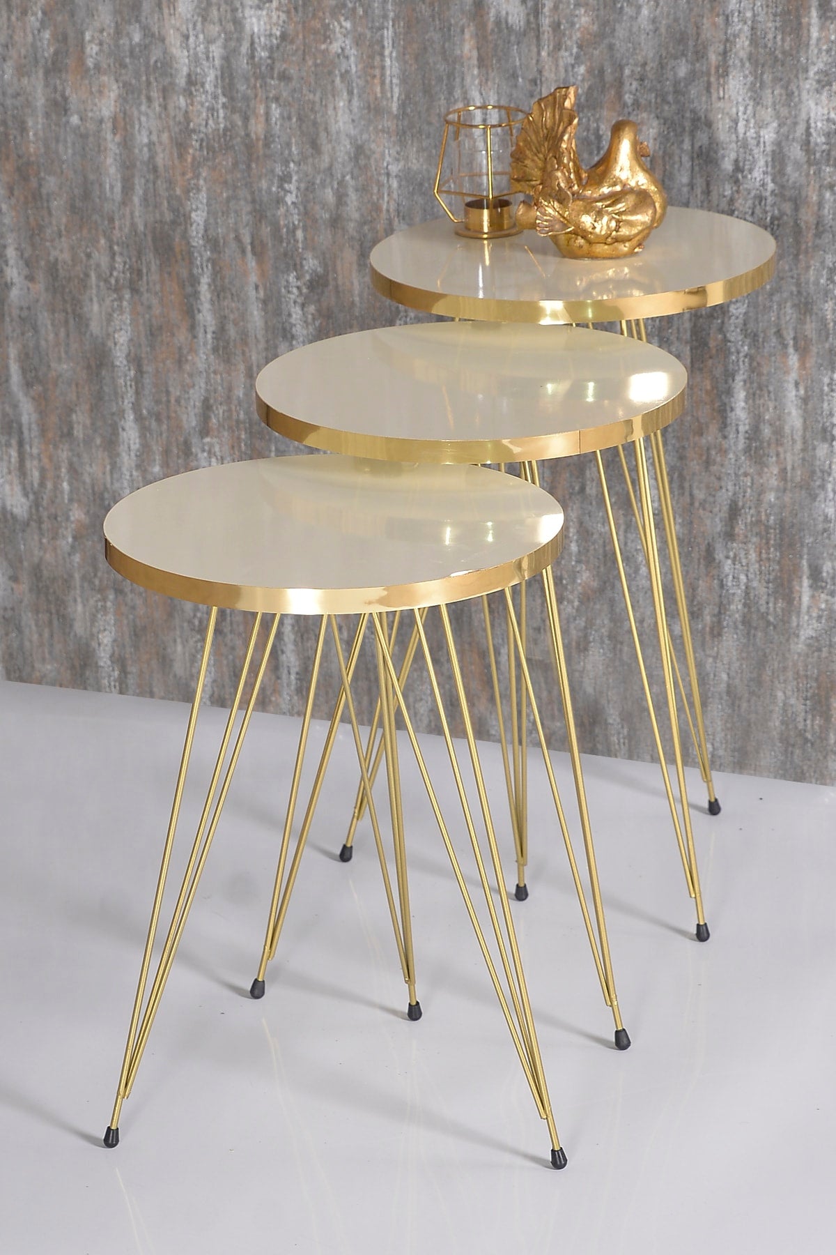 Zigon Sehpa Ve Orta Sehpa Elips Set Gold Tel