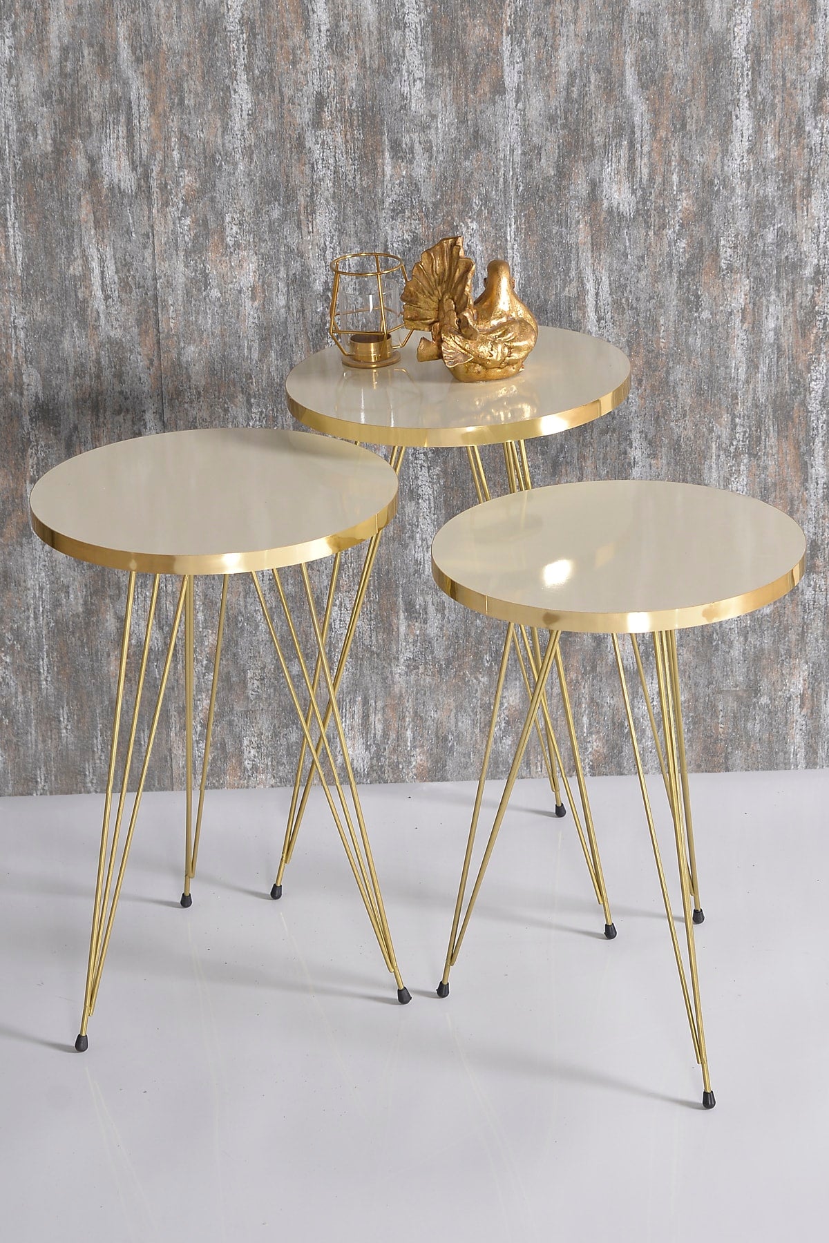 Zigon Sehpa Ve Orta Sehpa Elips Set Gold Tel