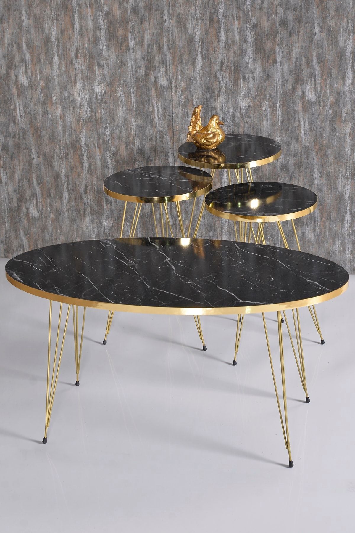 Zigon Sehpa Ve Orta Sehpa Elips Set Gold Tel