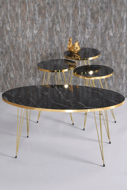 Zigon Sehpa Ve Orta Sehpa Elips Set Gold Tel