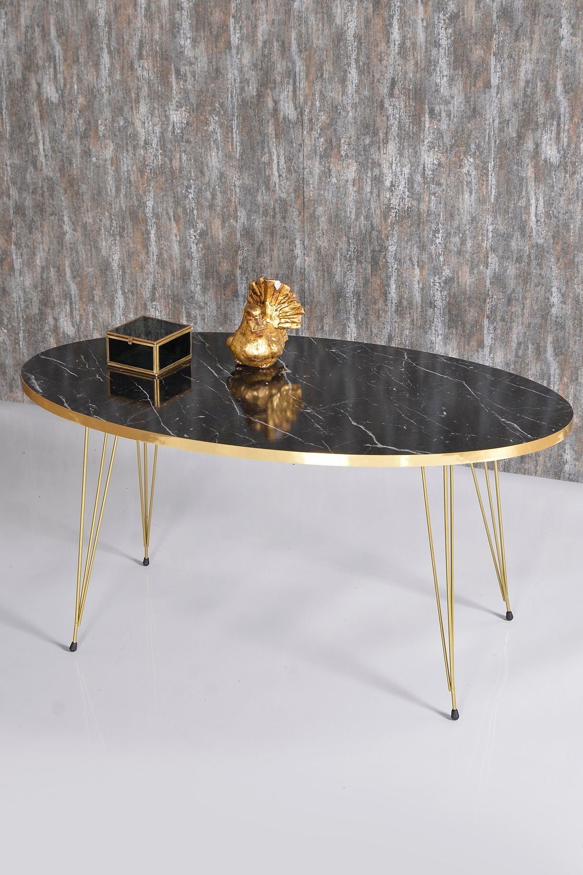 Zigon Sehpa Ve Orta Sehpa Elips Set Gold Tel