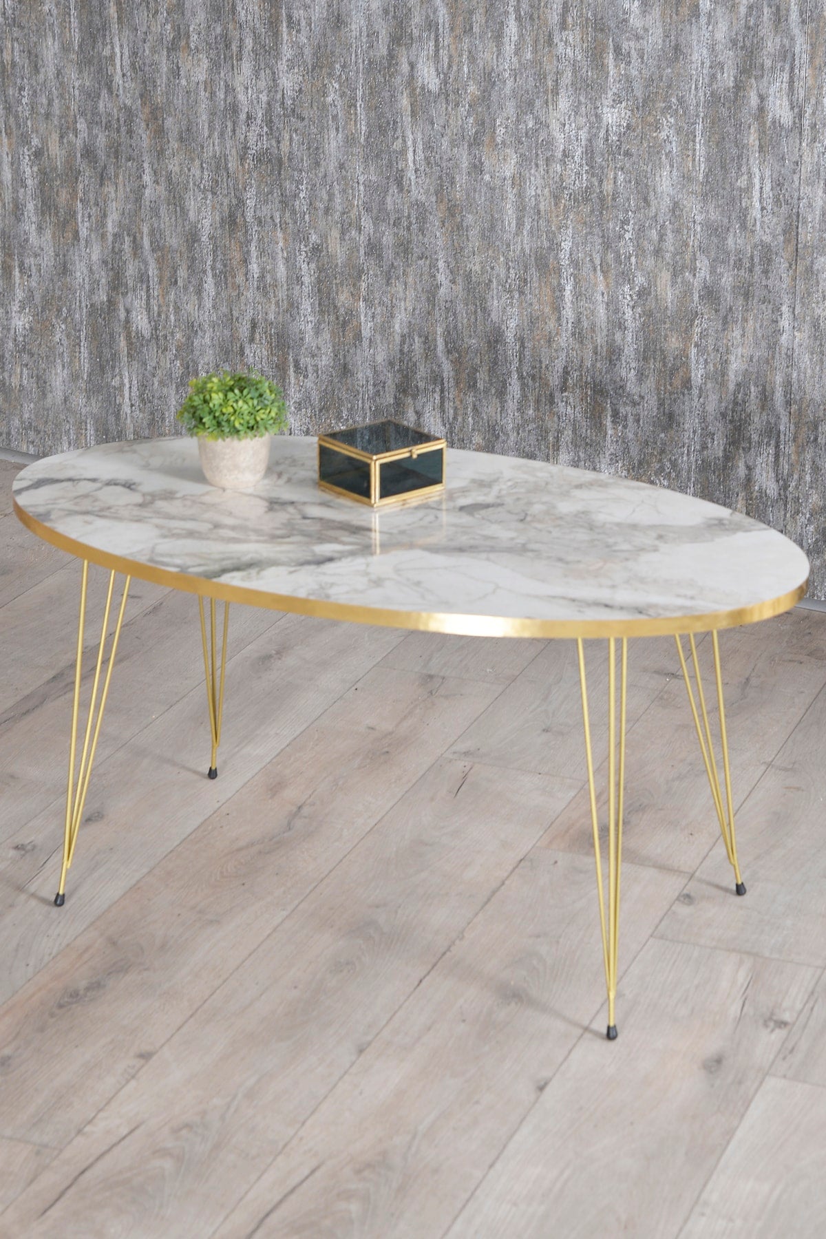 Zigon Sehpa Ve Orta Sehpa Elips Set Gold Tel