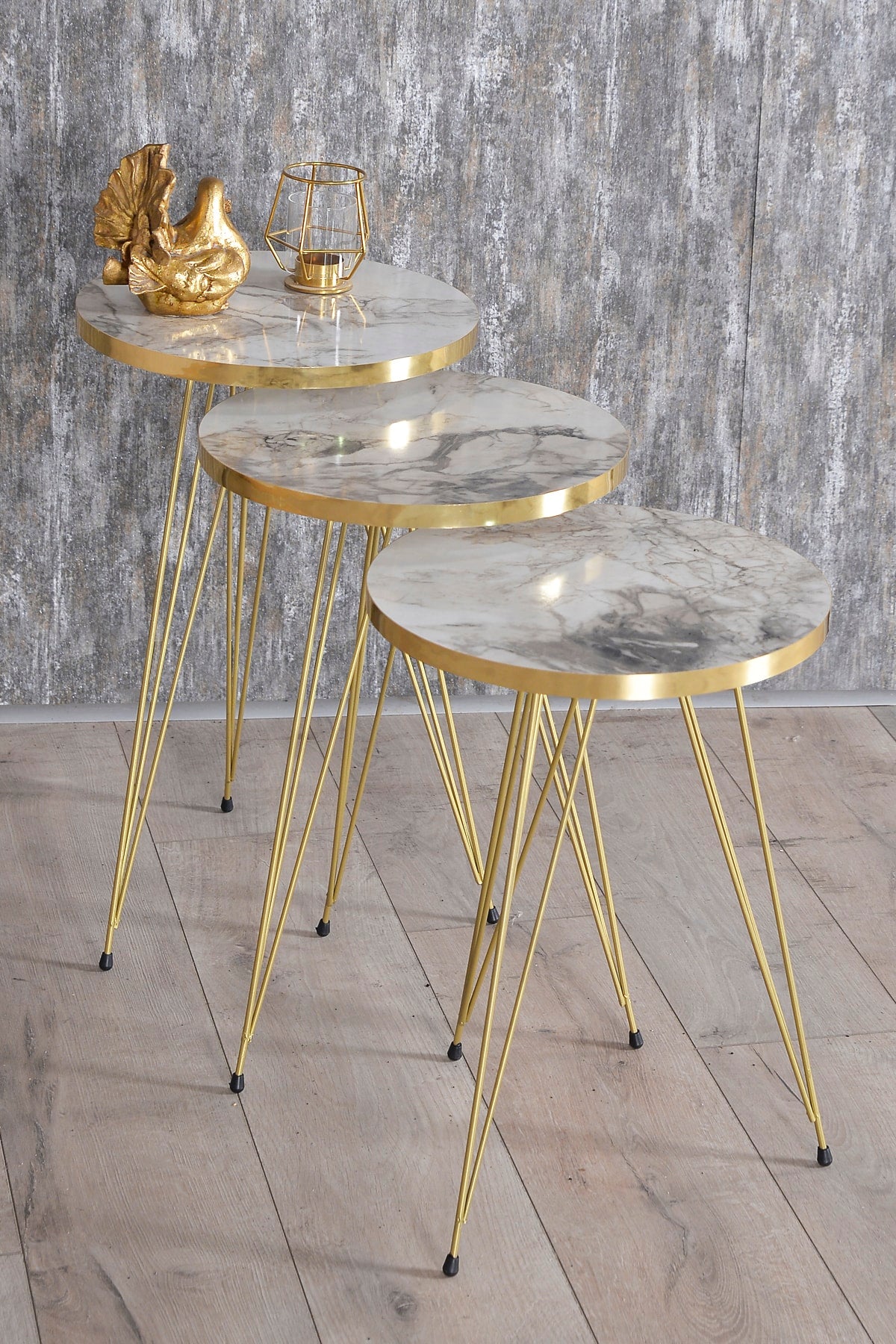 Zigon Sehpa Ve Orta Sehpa Elips Set Gold Tel