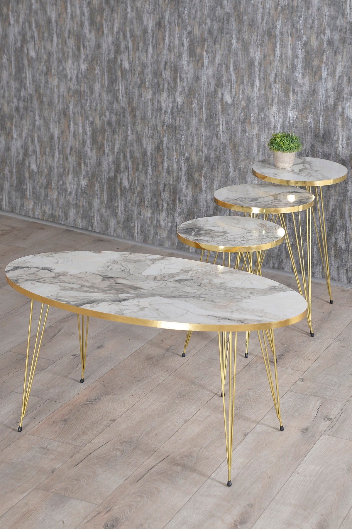 Zigon Sehpa Ve Orta Sehpa Elips Set Gold Tel