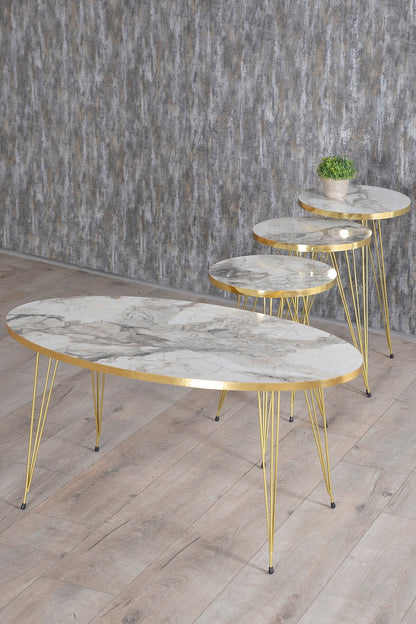 Zigon Sehpa Ve Orta Sehpa Elips Set Gold Tel