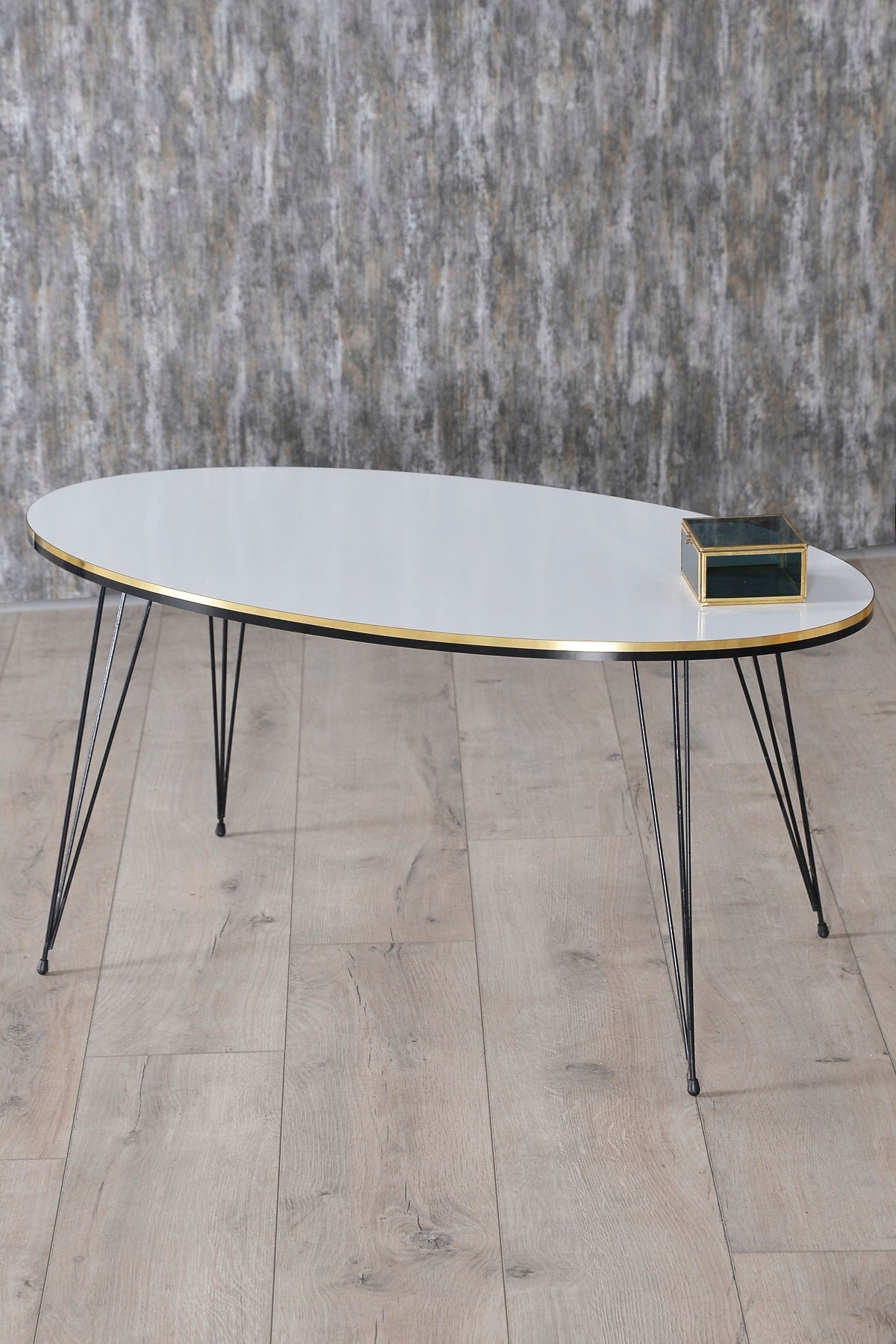 Zigon Sehpa Ve Orta Sehpa Elips Set Siyah Tel Ayak Çift Altın