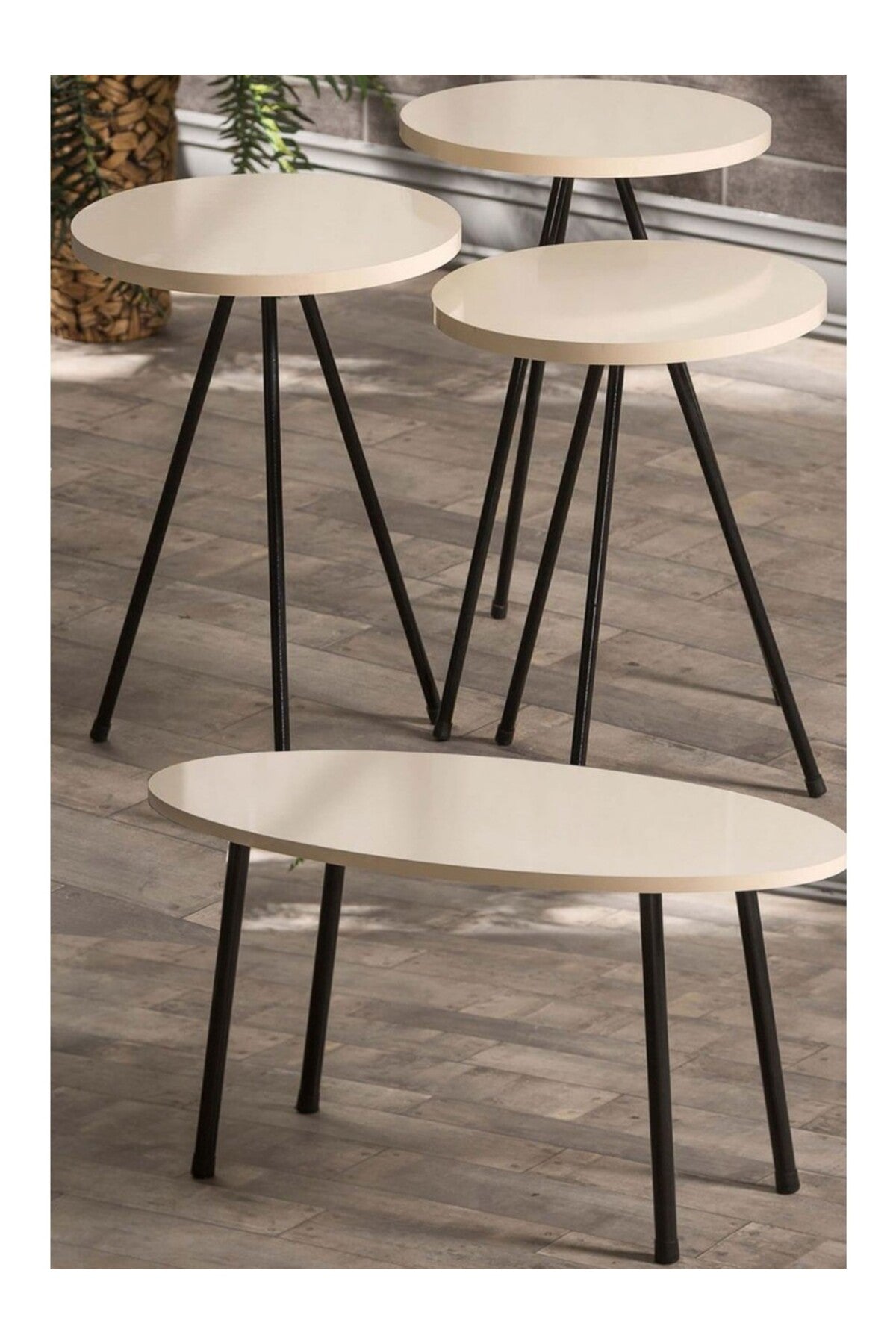 Zigon Sehpa Ve Orta Sehpa Set Metal Elips Krem