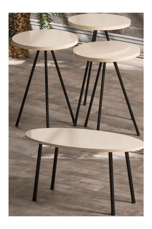 Zigon Sehpa Ve Orta Sehpa Set Metal Elips Krem