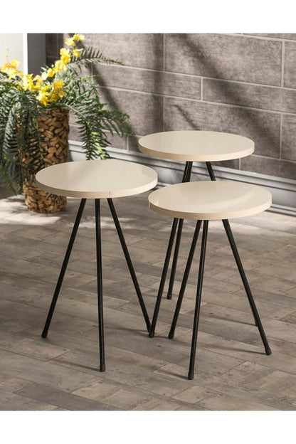 Zigon Sehpa Ve Orta Sehpa Set Metal Elips Krem